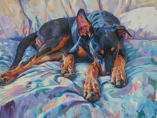 The doberman puppy sleeping on the bed, light maroon and dark aquamarine style, piles/stacks, raw and unpolished, full of movement 4:3