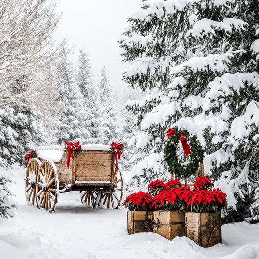 Wooden wagon decorated for Christmas in snowy winter scenery