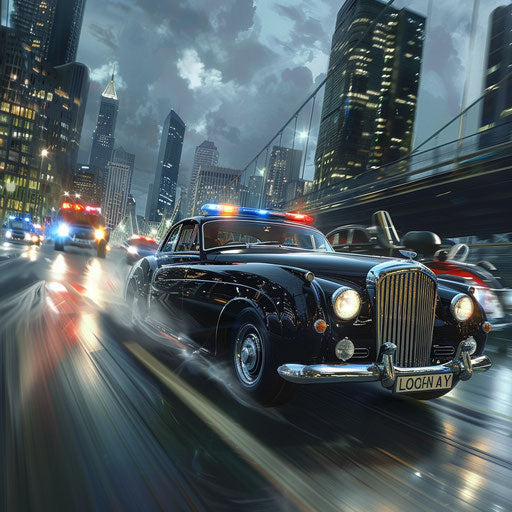 Police chase of sports car by retro Bentley on city highway