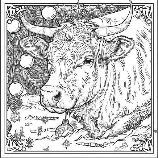 Cow in a Christmas setting with ornaments. Coloring book page