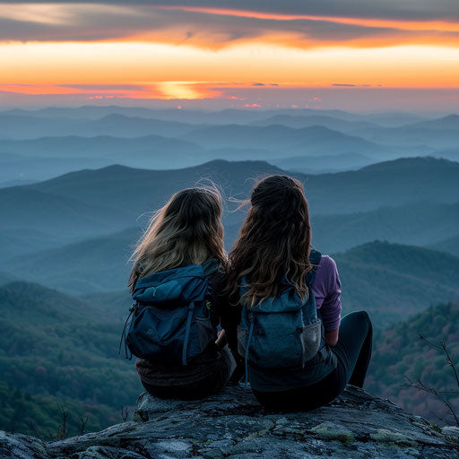 Two female hikers sitting on a rock at the top of a mountain