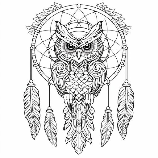 Dream catcher with owl and feathers coloring page