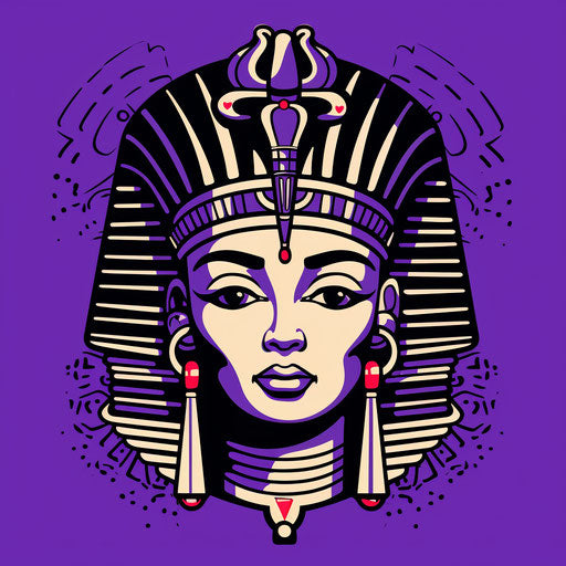Pharaoh head illustration in black and white on purple background