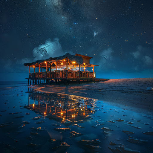 Night at the beach with stars reflecting on the water