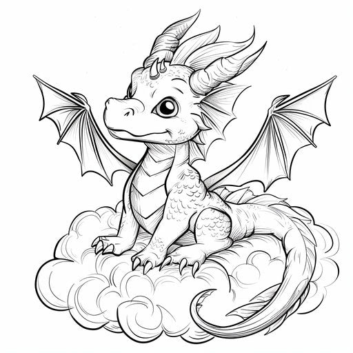 Friendly dragon with small wings sitting on a cloud