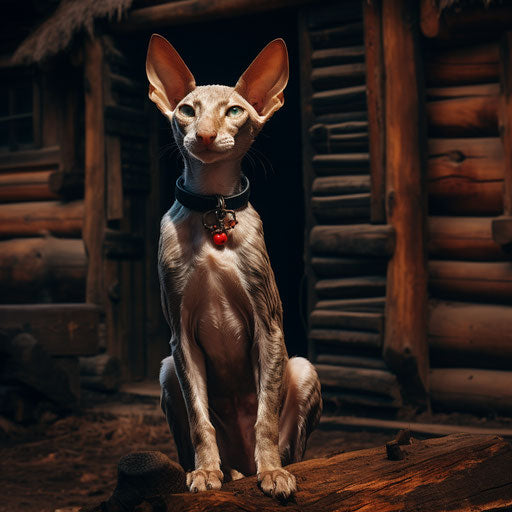 Oriental Shorthair Cat Sitting in Front of Log Cabin