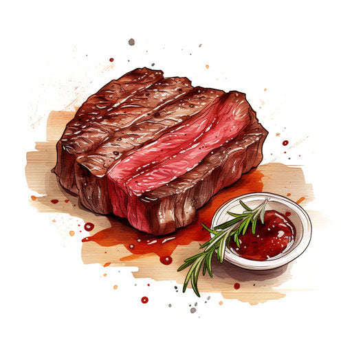 Illustration of steak in the style of Chiaroscuro Art, on white background