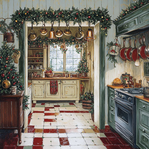Quaint kitchen scene with Christmas bells