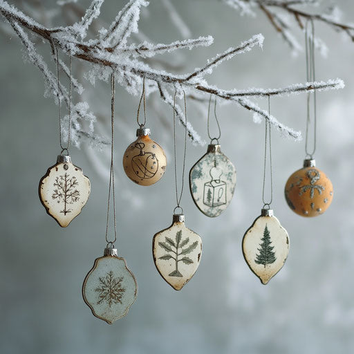 Vintage tin ornaments on frosted branch