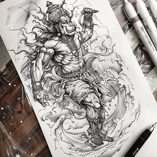 Dynamic flat tattoo sketch of Hanuman leaping over the ocean
