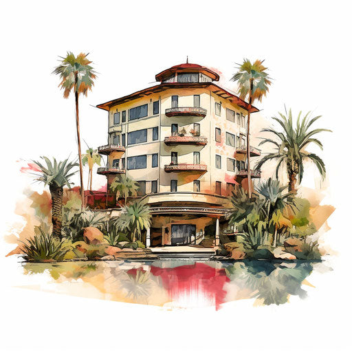 Oil painting style clipart of hotel on white background