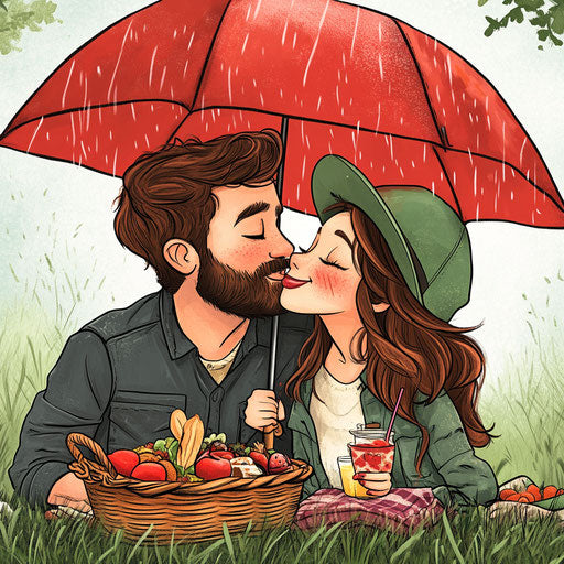 Caricature of a cute couple having a picnic in the rain