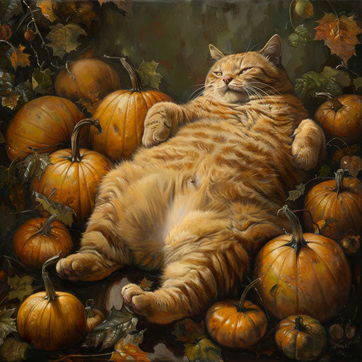 Chubby cat relaxing alongside pumpkins