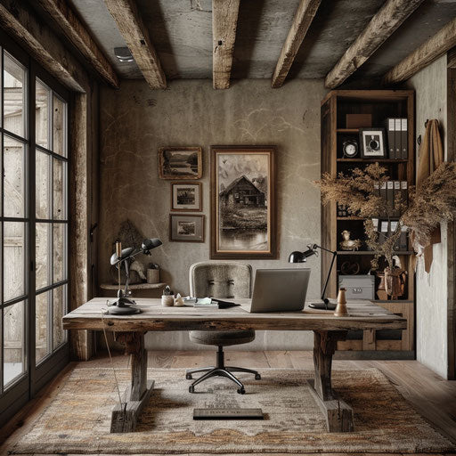 Rustic home office with reclaimed wood desk and vintage decor for a warm feel
