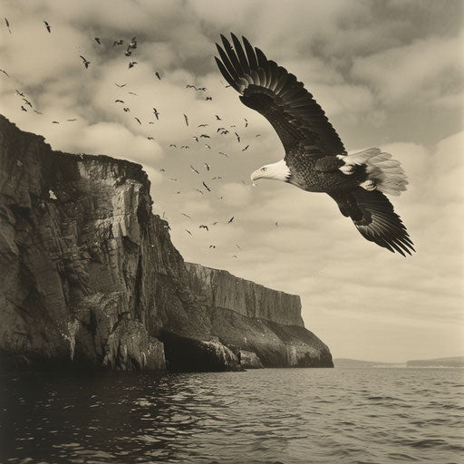 American eagle diving towards ocean off coast of Maine