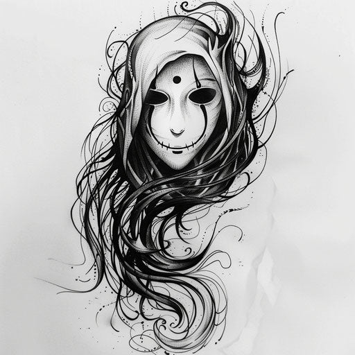Flat tattoo sketch of No-Face with elegant, flowing lines and tranquil expressions