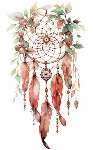 Dream catcher with feathers, light red and dark emerald, animal motifs, maroon and brown