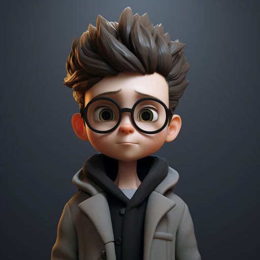 Cartoon boy with little glasses on gray background