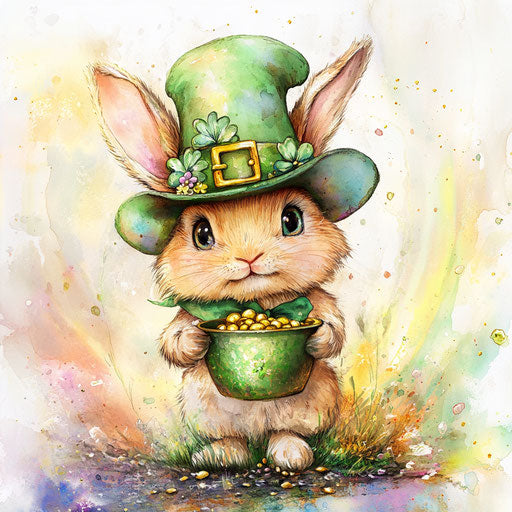 St. Patrick's Day baby bunny with green hat and pot of gold at the end of the rainbow