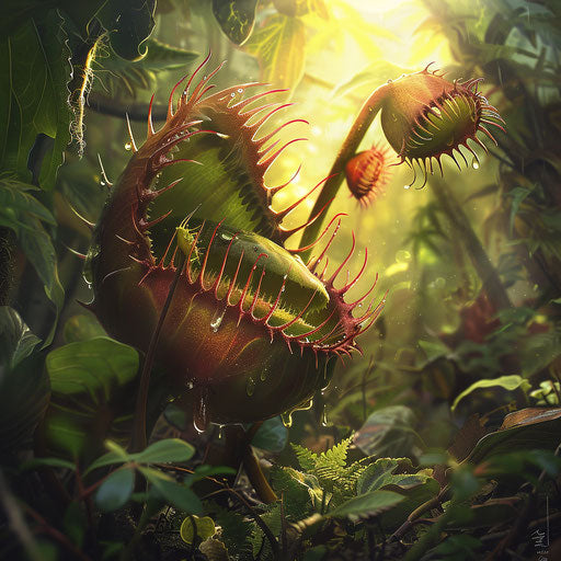 Smiling carnivorous plant in sunlit dense forest