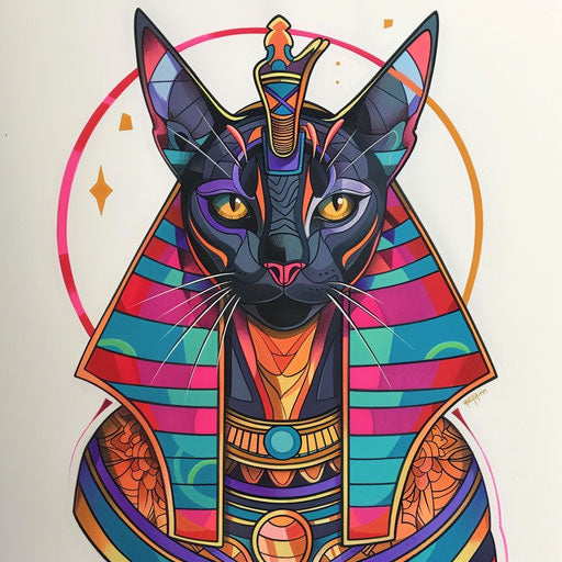Vibrant flat tattoo sketch of Bastet, royal Egyptian goddess