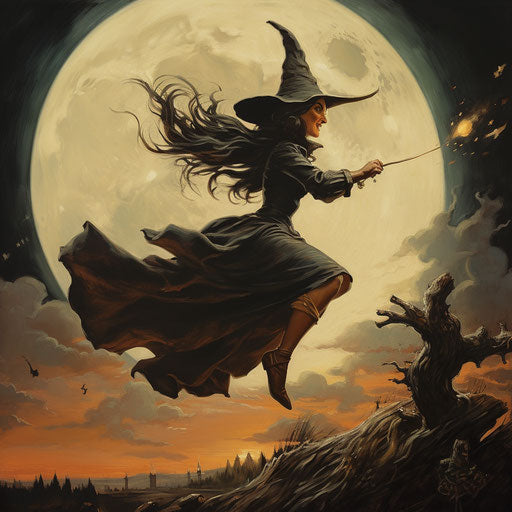 A witch on a broom with a full moon