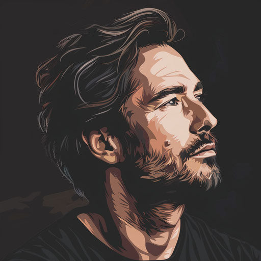 Realistic actor illustration on dark background with dramatic contrast