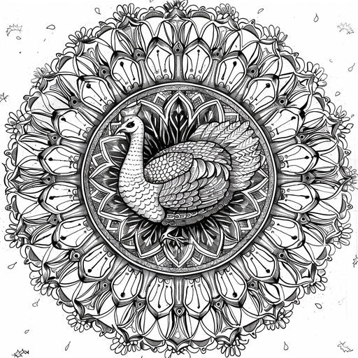 Detailed mandala with turkey at the center. Coloring page