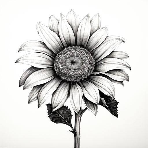 Drawing of a sunflower on white background, intricate black and white illustration style, clean and sharp tracing