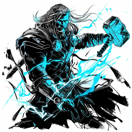 Clipart-style tattoo sketch of Thor wielding Mjolnir
