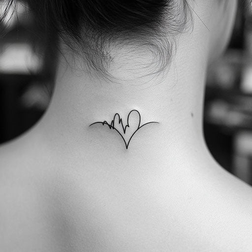 Men's small neck tattoo with stylized heartbeat line
