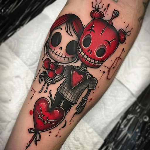 Red tattoos with whimsical themes, in the style of Steve Sack