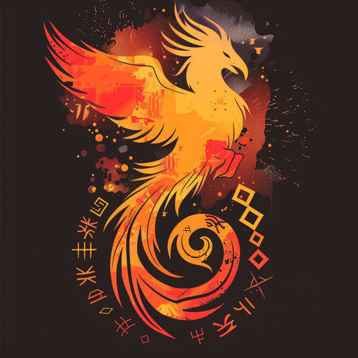 Dynamic flat tattoo sketch of Nordic runes in fiery phoenix silhouette in bright orange and red