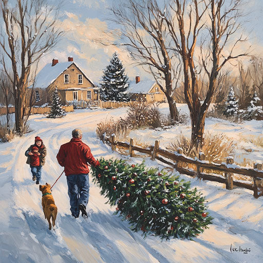 Family pulling old Christmas tree in snowy landscape