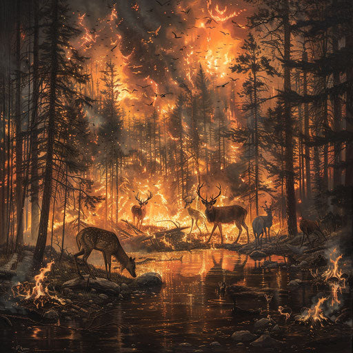 Animals at the edge of a forest fire