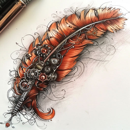 Steampunk feather tattoo concept with mechanical gears