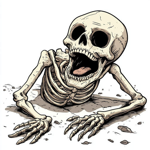Humorous caricature of a skeleton caricature with human characteristics, exaggerated open mouth, thin arms, lying on the ground, vibrant colors, cartoon style, angry, high-resolution, no background, isolated