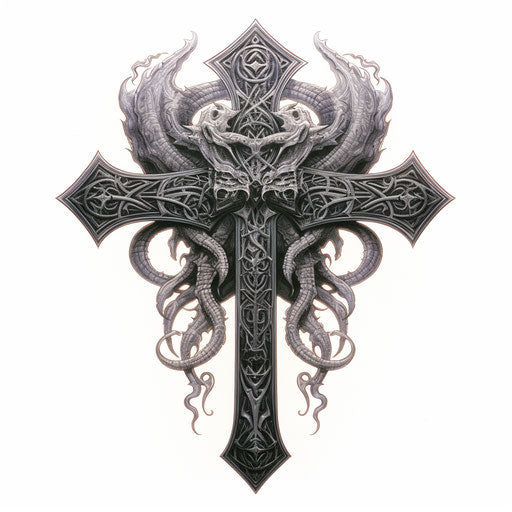 Celtic dragon cross tattoo design dark fantasy creatures style luxury