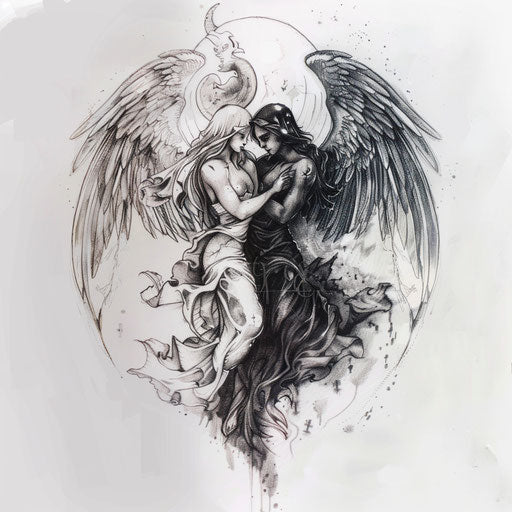 Dual-themed guardian angel tattoo, blending light and darkness for all-encompassing protection, on white background