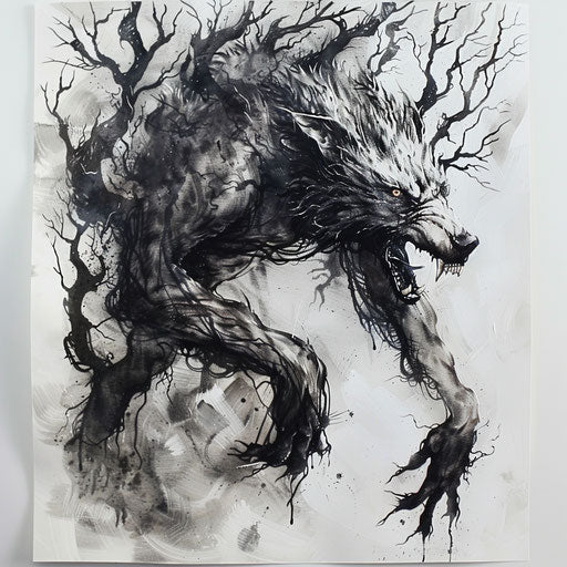 Fenrir wolf tattoo, mythical creature strength, dark shades