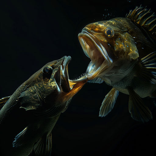 A dramatic encounter between a predator fish and its prey, a moment frozen in time