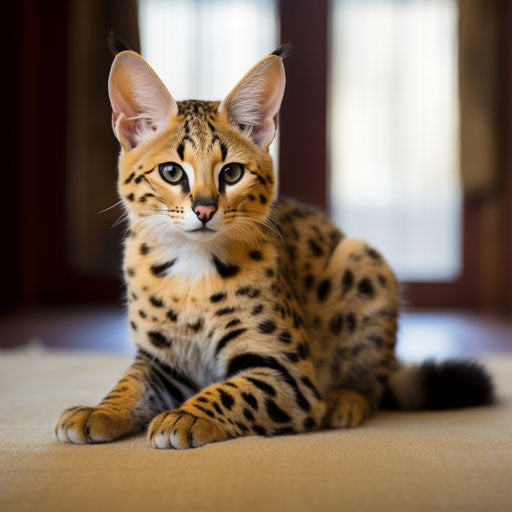 A serval lying on a carpet