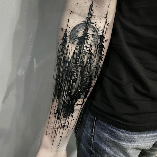 Futuristic cityscape forearm tattoo design