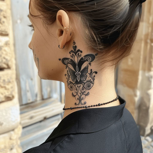 Butterfly neck tattoo with gothic elements