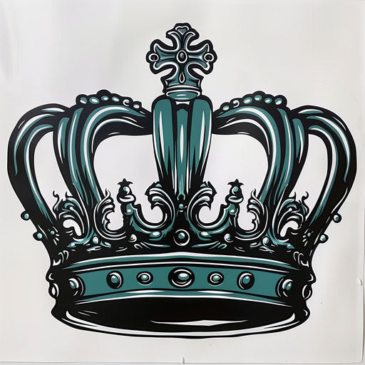 Royal tattoo style crown with bold black outlines and deep green fillings, on white canvas