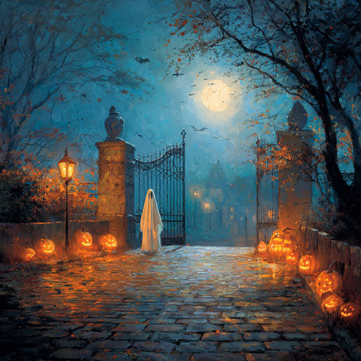A spooky Halloween scene with a ghostly figure