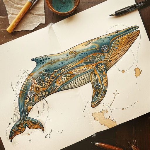 Whale tattoo sketch inspired by folk art, traditional motifs in earth tones