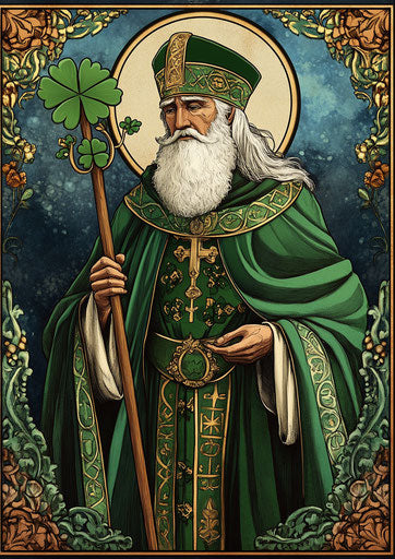 Colorful illustration of a saint with a clover