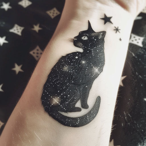 Black cat silhouette tattoo filled with cosmic patterns stars white background