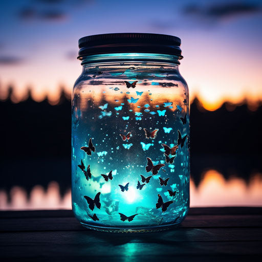 Blue butterfly in jar with clouds, youthful energy